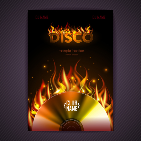 Disco poster. Fire Hard rock background. Burning Disck or recordのイラスト素材
