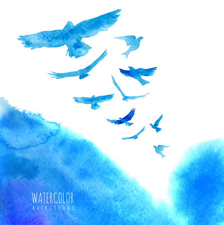 Watercolor sky background with birdsのイラスト素材