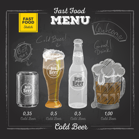 Vintage chalk drawing fast food menu. Cold beerのイラスト素材