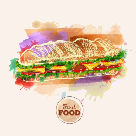 Watercolor Hamburger or Sandwich Fast Food sketchのイラスト素材