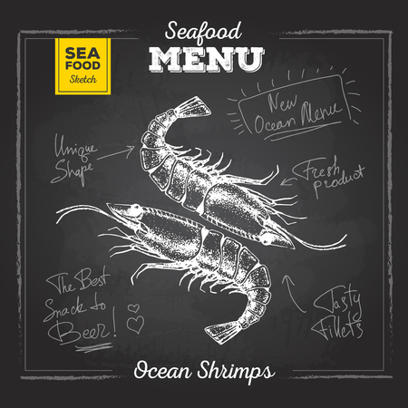 Chalk drawing sketch set of seafood. Shrimps illustrationのイラスト素材