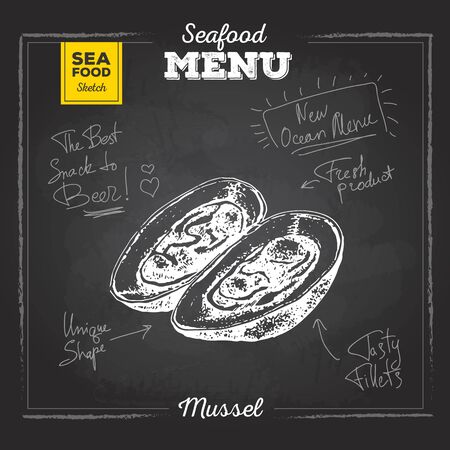Chalk drawing sketch set of seafood. Mussel illustrationのイラスト素材