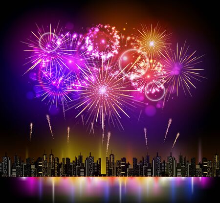 Vector holiday firework and nignt cityのイラスト素材