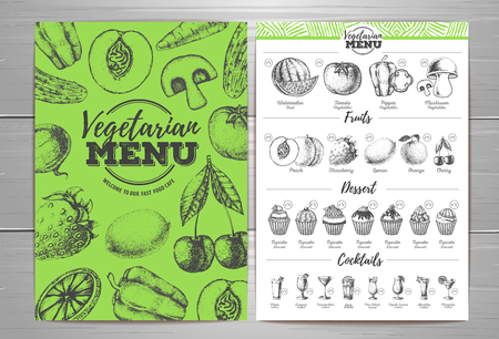 Vintage vegetarian food menu design. Fresh fruit sketchのイラスト素材