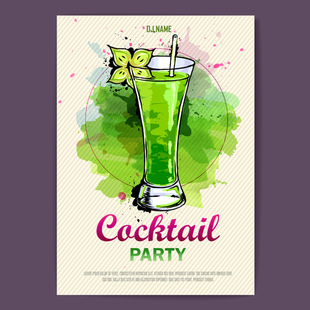 Hand drawn artistic cocktail disco poster. Watercolor paintのイラスト素材