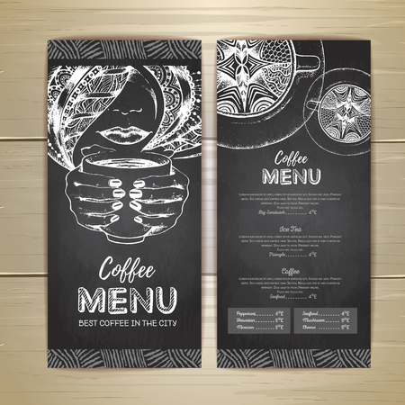 Chalk drawing. Coffee menu design. Decorative sketch of a cup of coffee or teaのイラスト素材