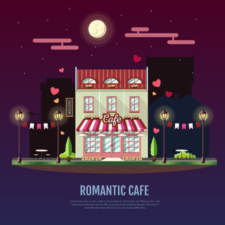 Flat style modern icon design of romantic cafe building. Night scene. Retro old town designのイラスト素材