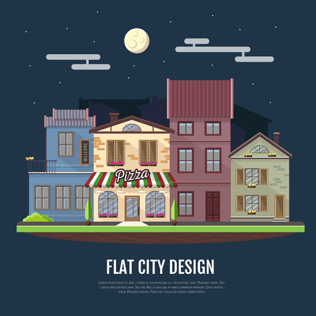 Flat style modern icon design of pizza cafe building. Night scene. Retro old town designのイラスト素材