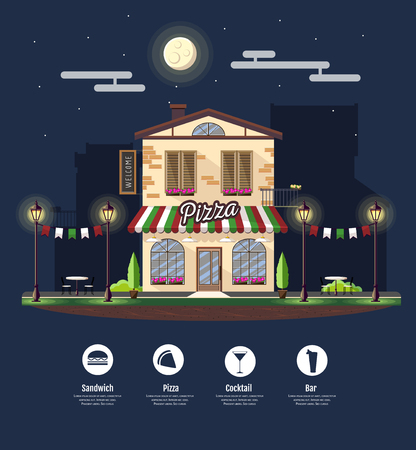 Flat style modern icon design of pizza cafe building. Night scene. Retro old town designのイラスト素材