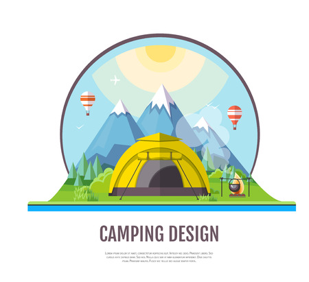 Flat style design of Mountains landscape and camping.のイラスト素材