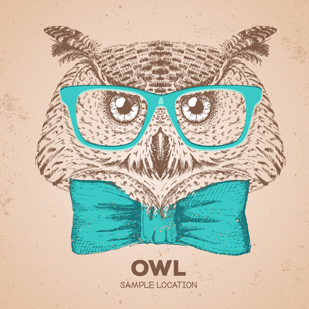 Hipster bird owl. Hand drawing Muzzle of bird owlのイラスト素材