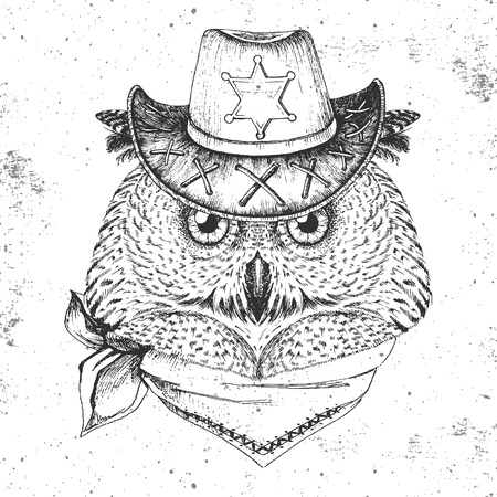 Retro Hipster bird owl. Hand drawing Muzzle of bird owlのイラスト素材