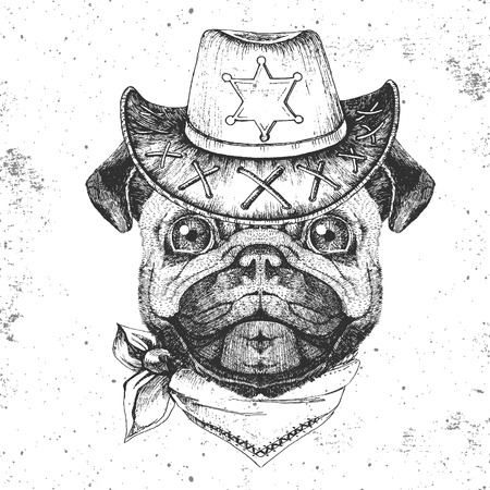 Retro Hipster animal pug-dog. Hand drawing Muzzle of pug-dogのイラスト素材