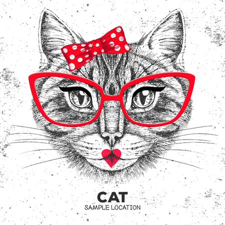 Retro Hipster animal cat. Hand drawing Muzzle of animal cat. Girl of 60sのイラスト素材