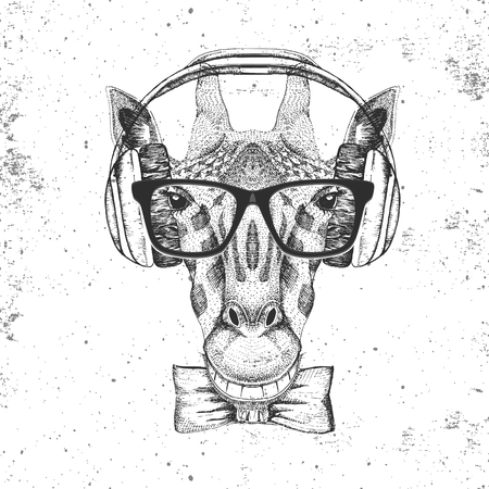 Retro Hipster animal giraffe with headphones. Hand drawing Muzzle of giraffeのイラスト素材