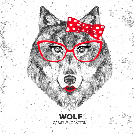 Retro Hipster animal wolf. Hand drawing Muzzle of animal wolf. Girl of 60sのイラスト素材