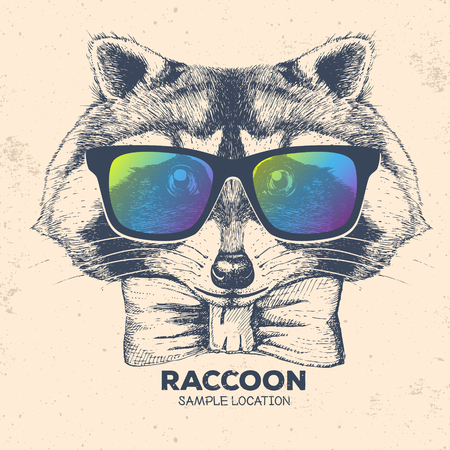 Hipster animal raccoon. Hand drawing Muzzle of animal raccoonのイラスト素材