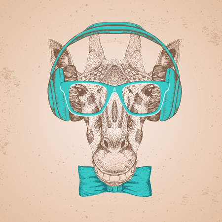 Retro Hipster animal giraffe with headphones. Hand drawing Muzzle of giraffeのイラスト素材