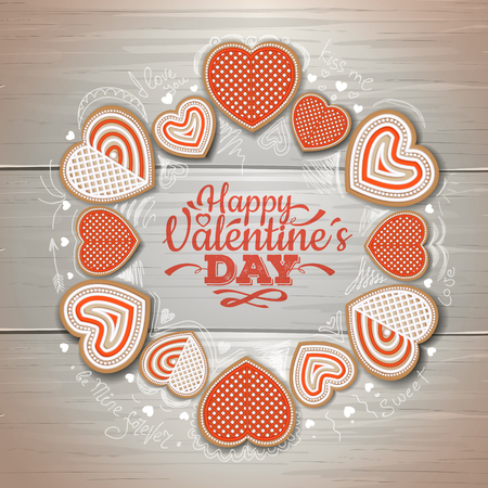 Top view of valentine cookies on a wooden background. Happy Valentine`s Dayのイラスト素材