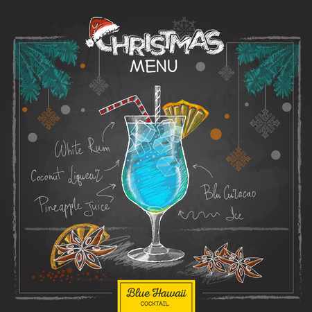 Chalk drawing christmas menu design. Cocktail blue hawaiiのイラスト素材