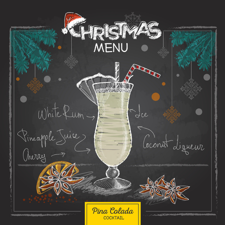 Chalk drawing christmas menu design. Cocktail pina coladaのイラスト素材
