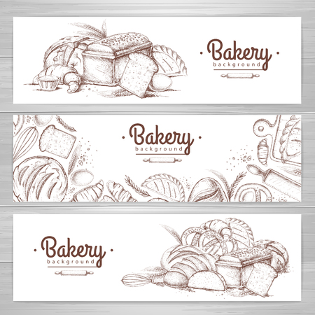 Set of retro bakery banners. Bakery products illustrationのイラスト素材