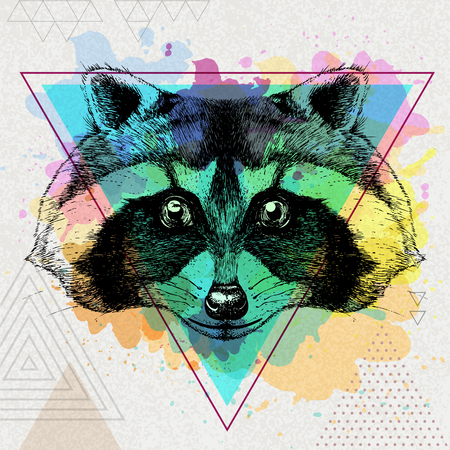 Hipster animal raccoon on an organic polygon watercolor backgroundのイラスト素材