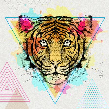 Hipster animal tiger on an organic polygon watercolor backgroundのイラスト素材