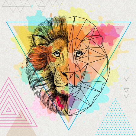 Hipster animal realistic and polygonal lion on an artistic watercolor backgroundのイラスト素材