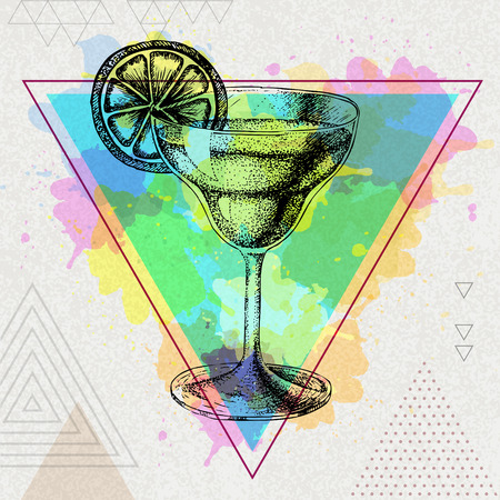 Hipster cocktail margarita illustration on polygon watercolor backgroundのイラスト素材