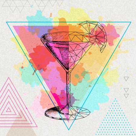 Hipster realistic and polygonal cocktail cosmopoliatn on water watercolor backgroundのイラスト素材