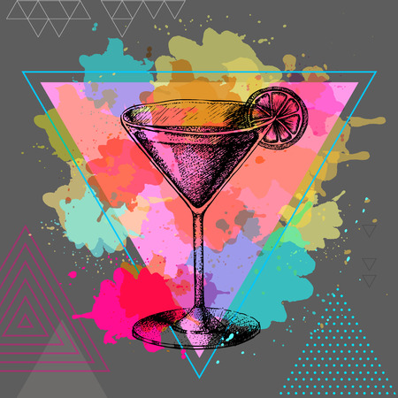 Hipster cocktail cosmopolitan illustration on polygon watercolor backgroundのイラスト素材