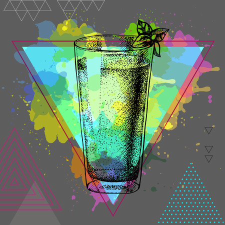 Hipster cocktail mojito illustration on polygon watercolor backgroundのイラスト素材
