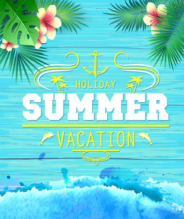 Summer poster on blue wooden background. Lettering holiday vacation.のイラスト素材