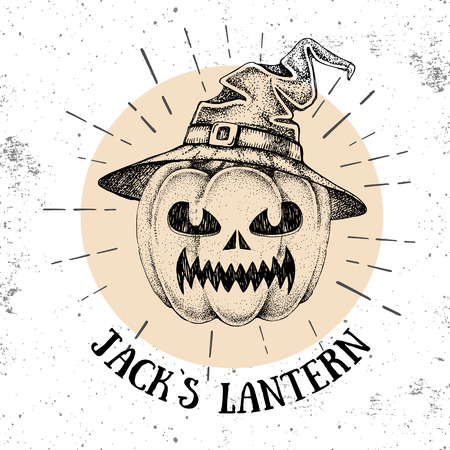 Halloween hand drawn pumpkin Jack`s Lantern vector illustration. Hipster styleのイラスト素材