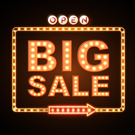 Neon sign big sale open. Vintage electric signboard. Road signのイラスト素材