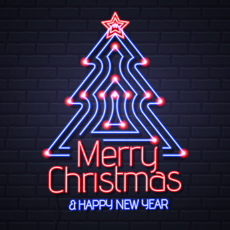 Neon sign merry christmas. Happy new year on brick wall background. Christmas greeting card designのイラスト素材