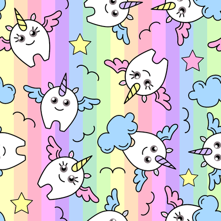 Seamless pattern with unicorn on rainbow background. Cartoon children backgroundのイラスト素材