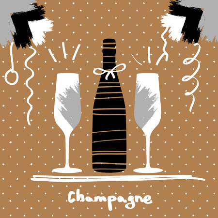 Holiday new year greeting postcard with champagne glasses. Champagne bottleのイラスト素材