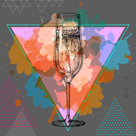 champagne glass on artistic polygon watercolor backgroundのイラスト素材