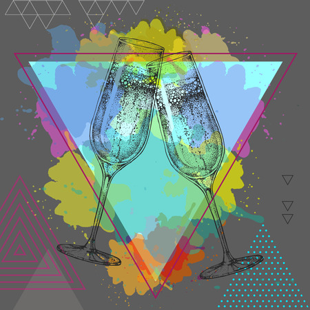 champagne clinking glasses on watercolor backgroundのイラスト素材