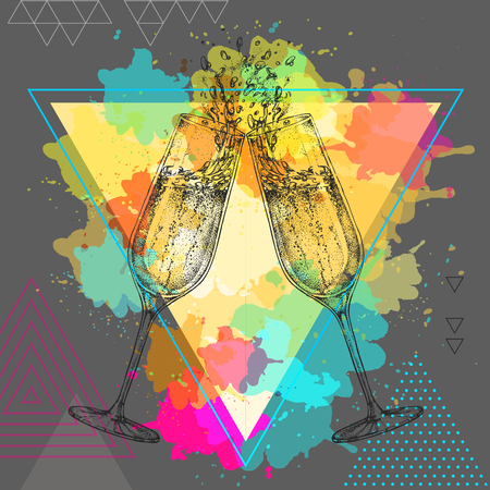 champagne clinking glasses on watercolor backgroundのイラスト素材
