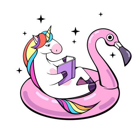 Fantasy animal unicorn on flamingo inflatable circle. Cartoon illustrationのイラスト素材