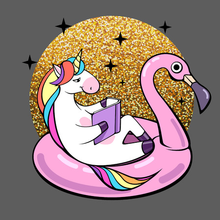 Fantasy animal unicorn on flamingo inflatable circle. Cartoon illustrationのイラスト素材