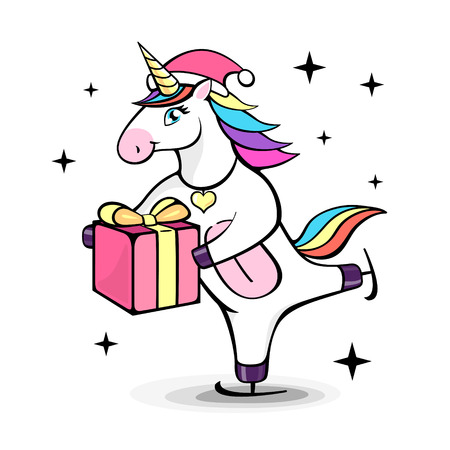Vector illustration of fantasy skating unicorn with christmas present. Cartoon style designのイラスト素材