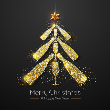 Christmas poster with golden champagne bottle. Golden Christmas tree on black backgroundのイラスト素材