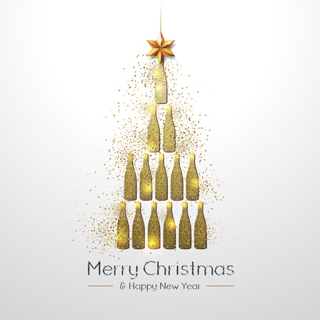 Christmas poster with golden champagne bottle. Golden Christmas tree on white backgroundのイラスト素材