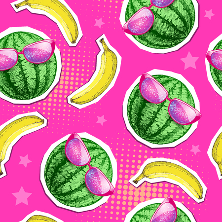 Summer seamless bright pattern with watermelon and banana. Zine Culture style summer backgroundのイラスト素材