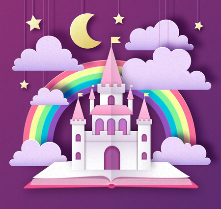 Fairy tale book with castle and rainbow. Cut out paper art style design. Origamiのイラスト素材