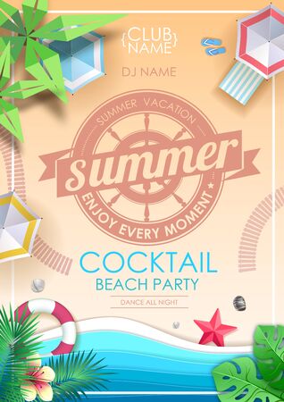 Summer cocktail beach party poster. Top view of tropic summer beach with ocean background. Paper cut out art designのイラスト素材